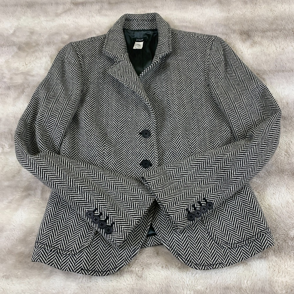 J.Crew Herringbone Wool Blazer Womens‎ Small Black White Tweed Jacket
